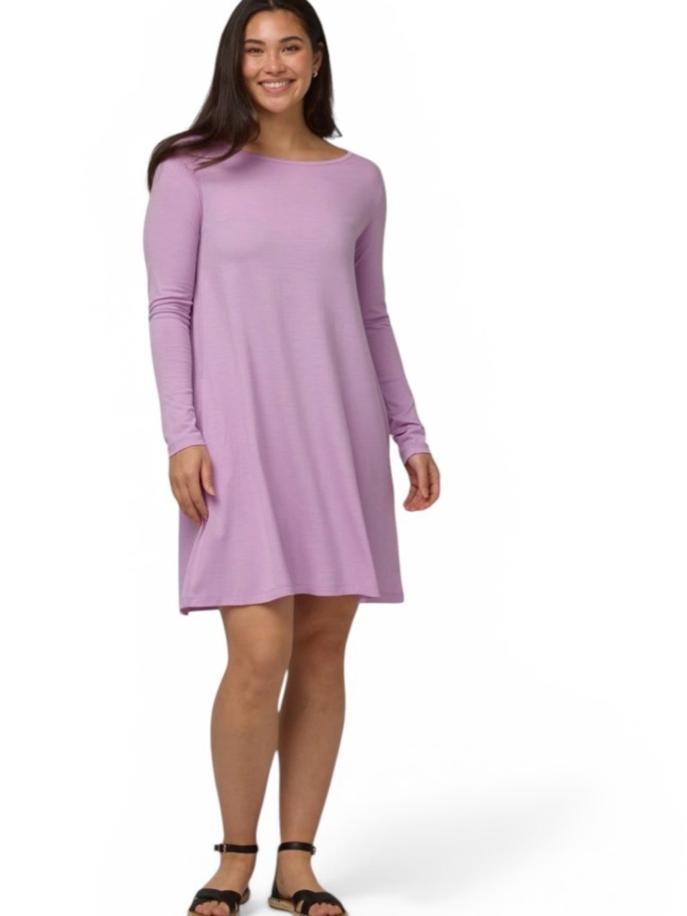 Wool&Co Rowena Swing Dress Sz L Lavender A-Line Long Sleeve Casual Everyday